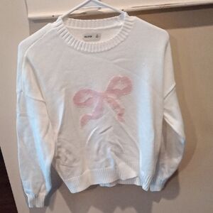 Hollister White Sweater with Pink Ribbon
